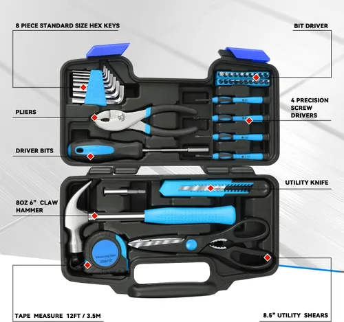 Miniatura 2 de Auto Dynasty Kit de herramientas para el hogar de 39 piezas, juegos de herramientas manuales básicas para el hogar con destornilladores, Azul
