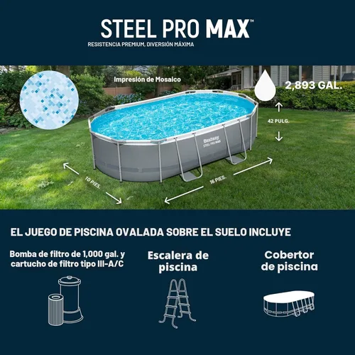 Miniatura 4 de Bestway 56655E Power Steel - Juego de piscina de 16 x 10 x 42 pulgadas, marco ovalado para exteriores sobre el suelo, con bomba de filtro de Gris