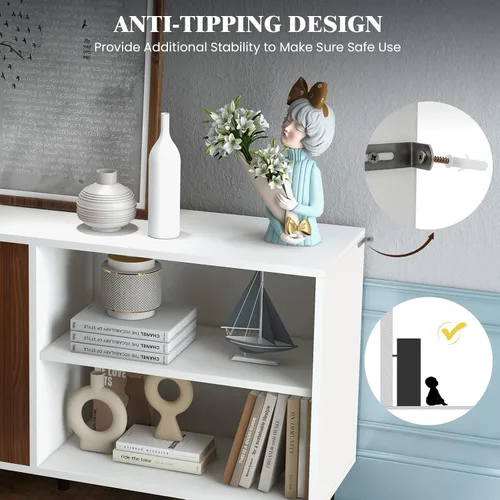Miniatura 8 de Giantex Aparador de buffet, armario de almacenamiento moderno con 2 puertas y estantes abiertos, armario de cocina de 58 pulgadas con patas