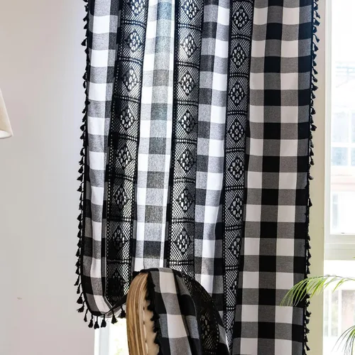 Miniatura 114 de Deeprove Cortinas bohemias para dormitorio, rayas huecas de ganchillo crema y estampado floral, tela de lino de algodón, con borlas beige bohemias