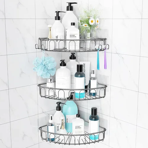 Miniatura 7 de Orimade Estante de ducha de esquina de acero inoxidable con ganchos, estante de baño montado en la pared, organizador de almacenamiento adhesivo