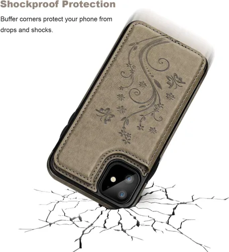 Miniatura 5 de Vaburs Funda compatible con iPhone 11 con tarjetero y diseño de mariposa en relieve, piel sintética de alta calidad, doble botones magnéticos, a Gris