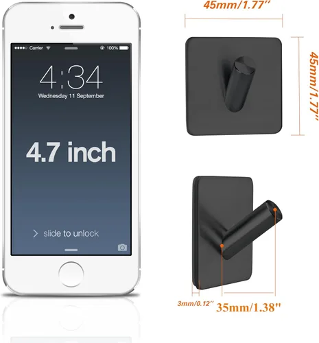 Miniatura 2 de Fotosnow Ganchos de pared adhesivos negro mate, curva de bloqueo de 15 libras, antideslizante, acero inoxidable, sin taladro, ganchos para baño