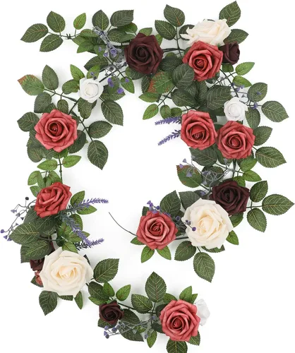 Senseya Guirnalda de flores de rosas artificiales de 5 pies, vid floral falsa color borgoña polvoriento con hojas de rosa, guirnalda de flores