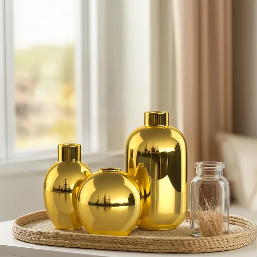 Miniatura 4 de Juego de 3 jarrones de cerámica dorados brillantes, jarrones decorativos modernos redondos dorados para decoración de zacate de las pampas