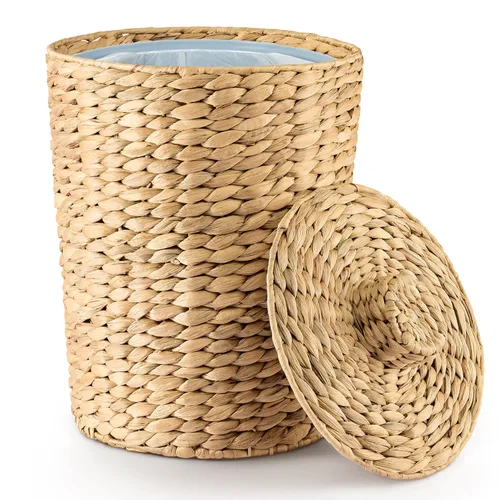Tidita Cesta de basura de mimbre de 4 galones, cubo de basura de baño de jacinto de agua con tapa, cubo de basura de baño estilo bohemio, cubo de
