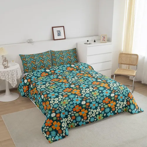 Miniatura 3 de Juego de ropa de cama floral retro, tamaño individual, vintage de los años 70 y 60, juego de edredón para niños, adultos y adolescentes, juego