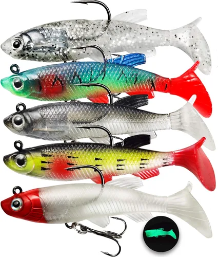Miniatura 15 de Señuelos de pesca suaves, cebos de sábalo y pececillo, señuelos de cola de paleta con cabeza de plantilla premontada para lubina, trucha