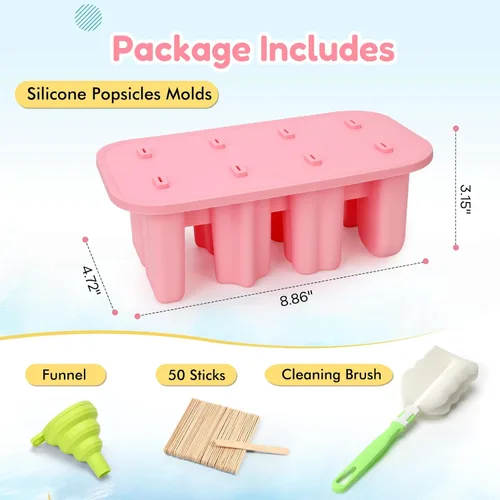Miniatura 5 de Moldes de paletas de silicona, 8 cavidades con 50 palitos, molde para hacer paletas de hielo sin BPA con embudo y cepillo de limpieza para niños