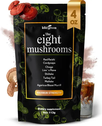 KIKI Green Extracto de polvo de 8 hongos – Complejo adaptogénico de 4 onzas para café y batidos – Melena de León, Chaga, Reishi, Cordyceps, Maitake,