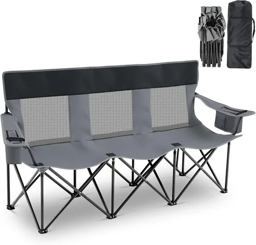Teenyyou Silla de camping para 3 personas, silla de playa plegable de gran tamaño con soporte para tazas refrigerador, bolsa trasera de malla Gris