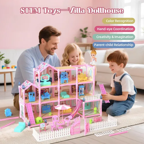 Miniatura 4 de Casa de Muñecas Randhar para Niñas con Luces, 3 Muñecas, 4 Pisos - 13 Habitaciones, 7 Conjuntos de Muebles y Accesorios, Regalo de Diseño