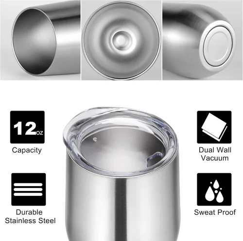 Miniatura 2 de VEGOND Vasos de Vino a Granel Paquete de 12, Vaso de Vino sin Tallo de Acero Inoxidable de 12oz con Tapas y Pajitas, Vaso Tumbler de Doble Pared