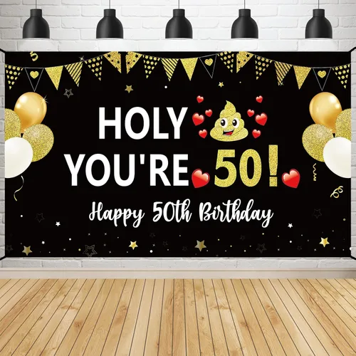 Divertida pancarta de cumpleaños 50 para hombres y mujeres, pancarta de feliz cumpleaños de 50 años color negro y dorado para fiestas, fondo de