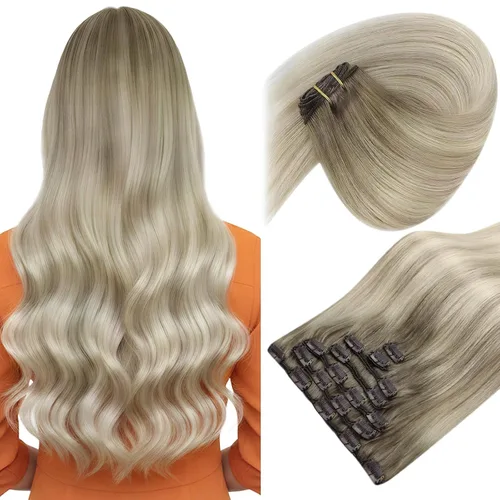 Sunny Hair - Extensiones de cabello clip-in, cabello humano lacio Remy, extensiones de cabello humano real clip-in, color rubio ceniza degradado a