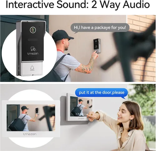 Miniatura 3 de TMEZON 4-Wire 7 pulgadas Tuya 1080P WiFi Smart Video DoorPhone sistema de intercomunicación con cable Timbre contraseña/tarjeta deslizar pantalla