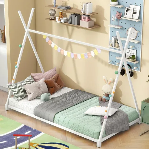 Miniatura 3 de SOFTSEA Cama de casa con marco de cama de piso doble con estructura triangular Blanco