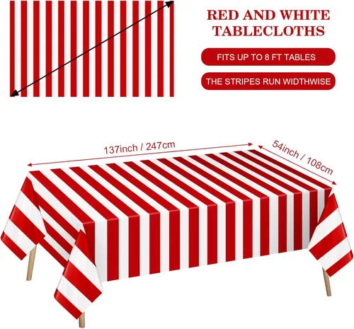Miniatura 3 de Paquete de 4 manteles de plástico desechables impermeables de 54 x 108 pulgadas, a rayas rojas y blancas, manteles rectangulares para cumpleaños