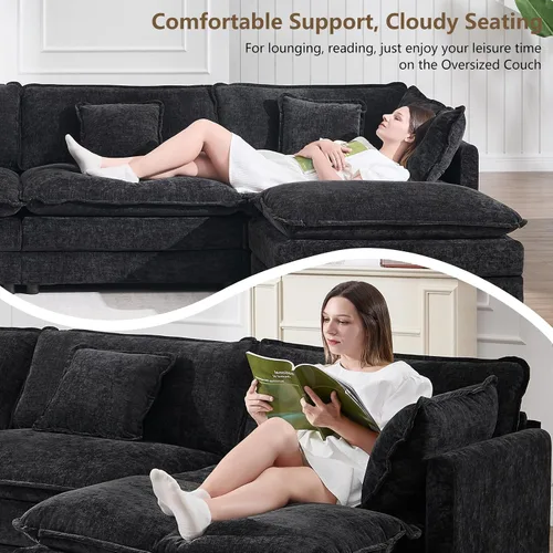Miniatura 5 de Sofá modular Cloud seccional, moderno sofá modular en forma de L de felpilla con otomana y almohadas, sofás esquineros de asiento profundo de 5 Negro
