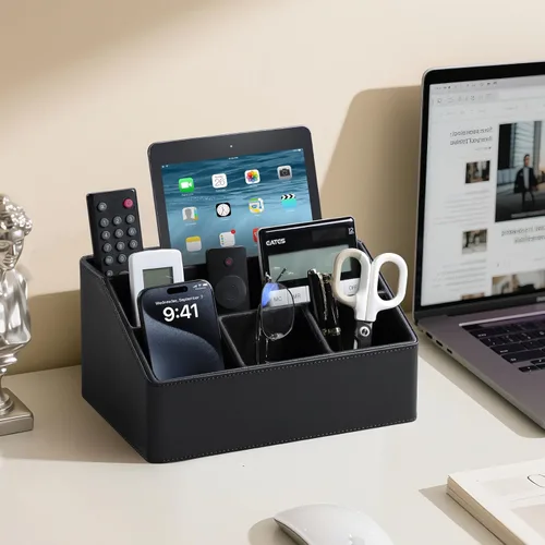 Miniatura 3 de Organizador de escritorio de piel PU, lujoso soporte para control remoto para accesorios de escritorio de oficina en casa, organizador de cajón