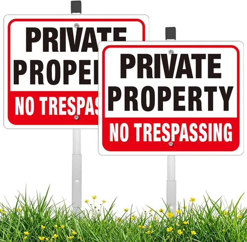 MUXYH 2 Pack Private Property No Trespassing Signs with Metal Stakes, 11'' X 8.6'' Sturdy Rust Free Aluminum, No Trespassing Sign Protect Your Home,