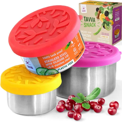TAVVA Recipientes de acero inoxidable para niños [12 onzas/7 onzas/3 onzas] – A prueba de fugas con tapas de silicona, lonchera para niños, lonchera