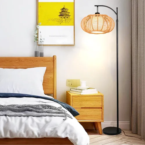 Miniatura 6 de ZECOXOL Lámparas de pie de arco para sala de estar, dormitorio, lámpara de pie bohemia de ratán con control remoto, lámpara de pie LED regulable