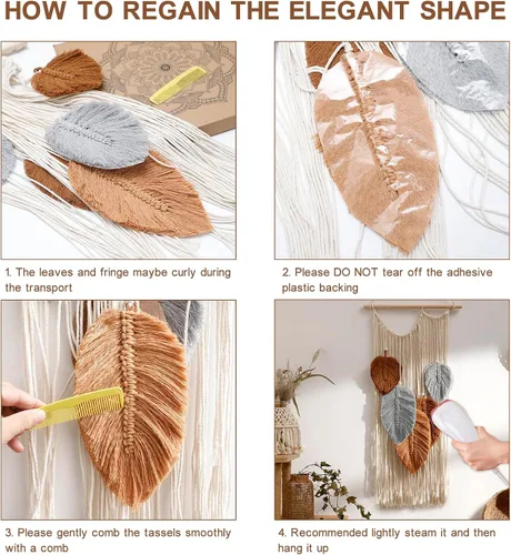 Miniatura 5 de Tapiz de hojas de macramé para decoración de pared, tapices tejidos bohemios, arte de pared de hojas de otoño, grandes borlas bohemias, adorno