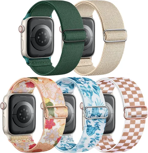 5 Pack de bandas elásticas de nylon compatibles con Apple Watch de 40 mm, 41 mm, 42 mm, 44 mm, 45 mm, 46 mm, 49 mm, 38 mm para mujeres y hombres,