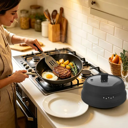 Miniatura 8 de Cubierta alta para salpicaduras de microondas, tapa protectora de vidrio de 5.8 pulgadas de altura con silicona plegable para plato de olla de Negro
