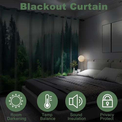 Miniatura 55 de AWERT Cortinas opacas para dormitorio, árbol negro con niebla, naturaleza, amanecer, bosque, 2 paneles para sala de estar, bloqueo de calor, 21 x 45