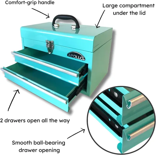 Miniatura 2 de Apollo Tools DT5010-GR - Caja de herramientas de acero de 14 pulgadas con compartimento superior profundo y 2 cajones de acero resistente con Verde