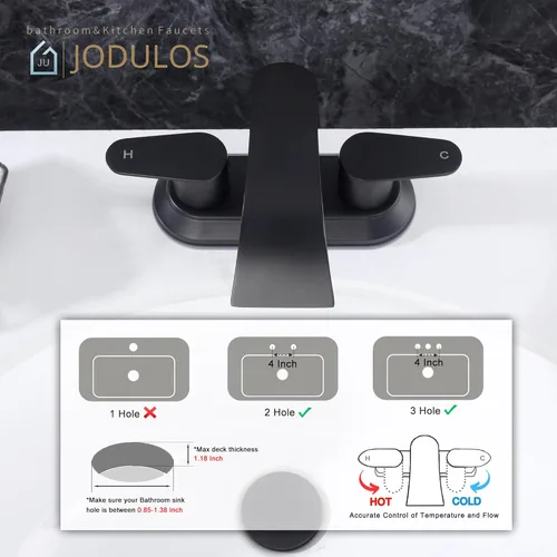 Miniatura 3 de Grifo central de baño de 4 pulgadas, color negro mate, grifo de lavabo de 2 manijas con tapón de drenaje emergente, grifo de fregadero de baño