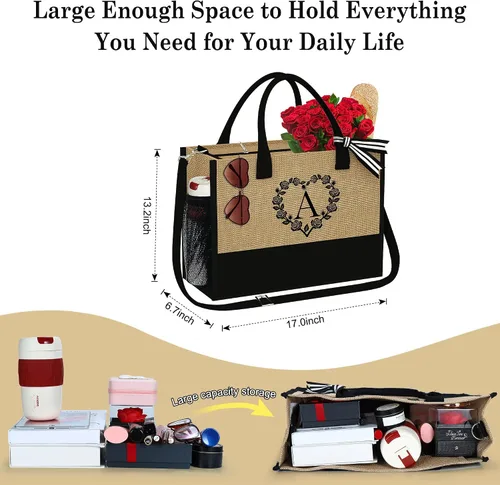 Miniatura 4 de YOOLIFE Bolsa de yute con inicial para mujer, bolsa de playa con cremallera, correa ajustable, regalos de dama de honor, regalos de cumpleaños