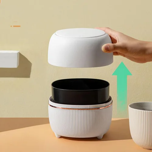 Miniatura 2 de Bote de basura de plástico creativo mini papelera de escritorio, con tapa, pequeño botón de limpieza de oficina en casa, papelera de almacenamiento