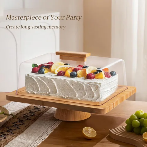 Miniatura 4 de HBlife Soporte para pasteles con tapa (16.5 pulgadas), soporte multifuncional para pasteles con cúpula acrílica, soporte rectangular de bambú 2 en 1