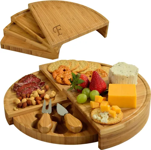 Miniatura 21 de Tabla Picnic at Ascot de bambú, para aperitivos, con herramientas para queso, espirales de una cuña compacta de 13 pulgadas de diámetro, patentado