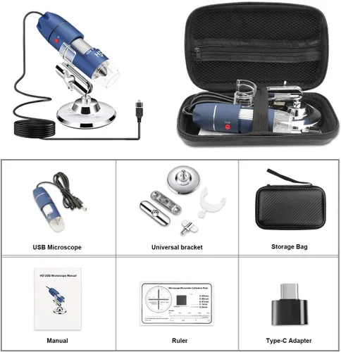 Miniatura 7 de Cámara de microscopio USB HD de 2 MP para Android, Windows, Linux Mac, 40X a 1000X digital con soporte y estuche de transporte, moneda portátil