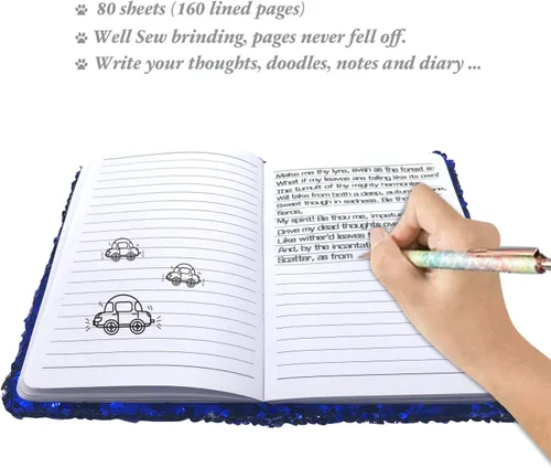 Miniatura 7 de Diario de lentejuelas para niñas, 8.5 x 5.5 pulgadas, 160 páginas rayadas para niñas y niños, cuaderno reversible de lentejuelas cambiantes