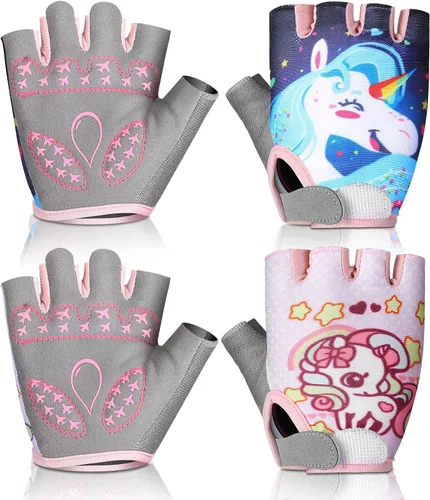 Funtery 2 pares de guantes deportivos de ciclismo para niños, guantes de medio dedo de unicornio, guantes de ciclismo para niños y niñas, guantes de