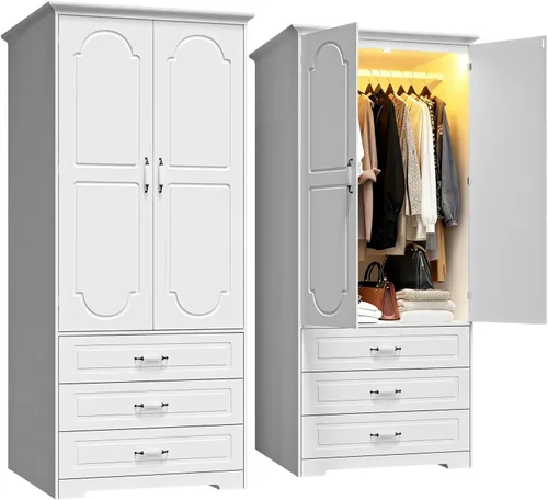 Miniatura 9 de FJTJBSI Armario Armario con 3 cajones y luz LED de 72 pulgadas, armario de madera para dormitorio con 2 puertas y manijas de puerta de cerámica