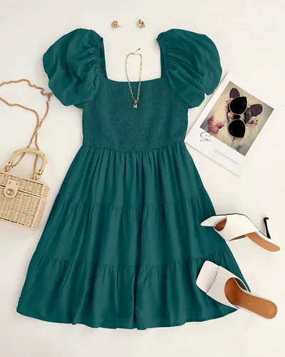 Miniatura 5 de ZESICA Mini vestido corto de verano bohemio 2026 con cuello cuadrado, manga abombada, hombros descubiertos, fruncido, escalonado, casual