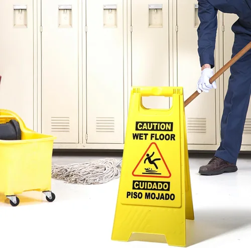 Miniatura 6 de XPCARE Letrero de suelo mojado de precaución de 24 pulgadas, paquete de 4 letreros de advertencia de seguridad bilingües amarillos de doble cara