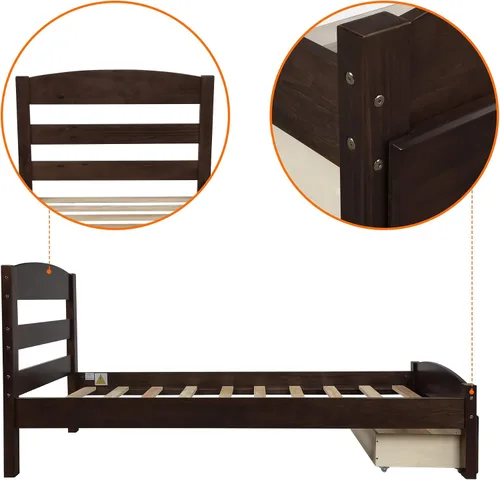 Miniatura 5 de SOFTSEA Base de cama de tamaño individual con cajones de almacenamiento, plataforma de madera maciza moderna de mediados de siglo con cabecero,