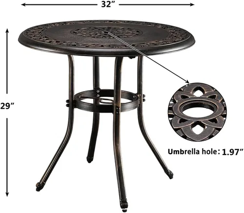 Miniatura 3 de Henf Mesa de comedor de aluminio fundido para exteriores con agujero de paraguas de 2 pulgadas, 32 pulgadas de diámetro, mesa de comedor redonda