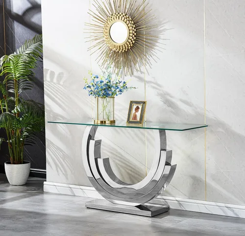 Miniatura 12 de SSLine Mesa auxiliar de cristal de lujo para sala de estar, mesa auxiliar moderna dorada con base de pedestal de acero inoxidable en forma de flor