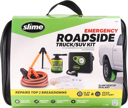 Slime 50160 Kit de emergencia en carretera con reparación de neumáticos planos y cables de refuerzo para camiones/SUV, vehículos pesados