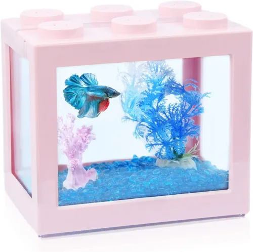Miniatura 9 de Pequeño tanque de peces Betta, mini tanque apilable de pecera, kit de tanque de acuario rectangular de 3/5 galones con decoración de grava