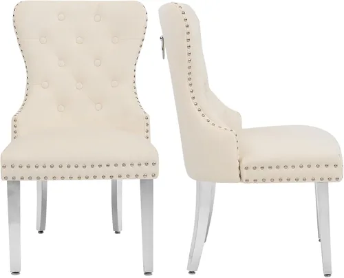 adochr Juego de 2 sillas de comedor de terciopelo, sillas de comedor tapizadas acolchadas con anillo de tracción y patas de acero inoxidable, beige