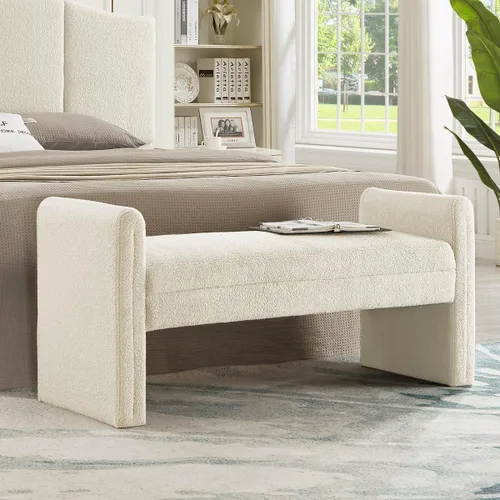 Miniatura 10 de 24KF Banco de Cama Tapizado Moderno Cubierto con Suave Tela Boucle Teddy, Hermoso Banco Otomano de Entrada con Reposabrazos, 5062-Negro